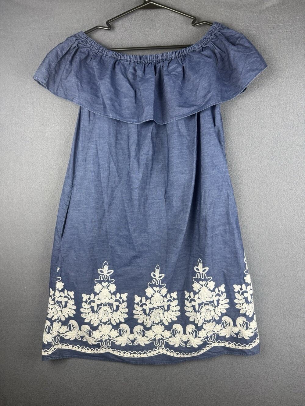 Westport 1962 Sz M 100% Cotton Blue Off Shoulder White Embroidery Dress